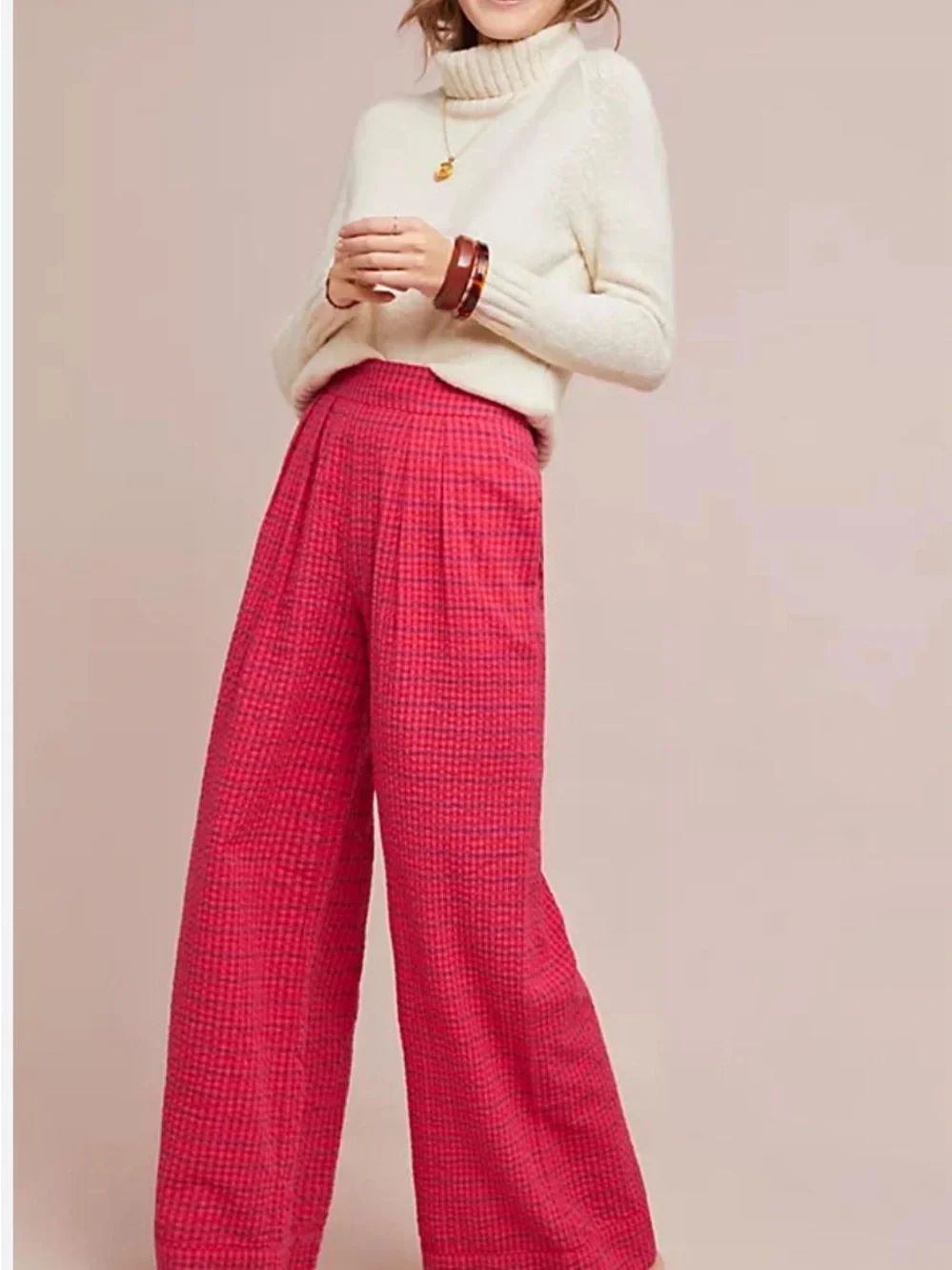 By Anthropologie Seersucker Pink Plaid Wide-Leg High-Rise Pants Size 4